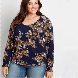 Plus Sz XXL Blue Floral Long Flutter Sleeve